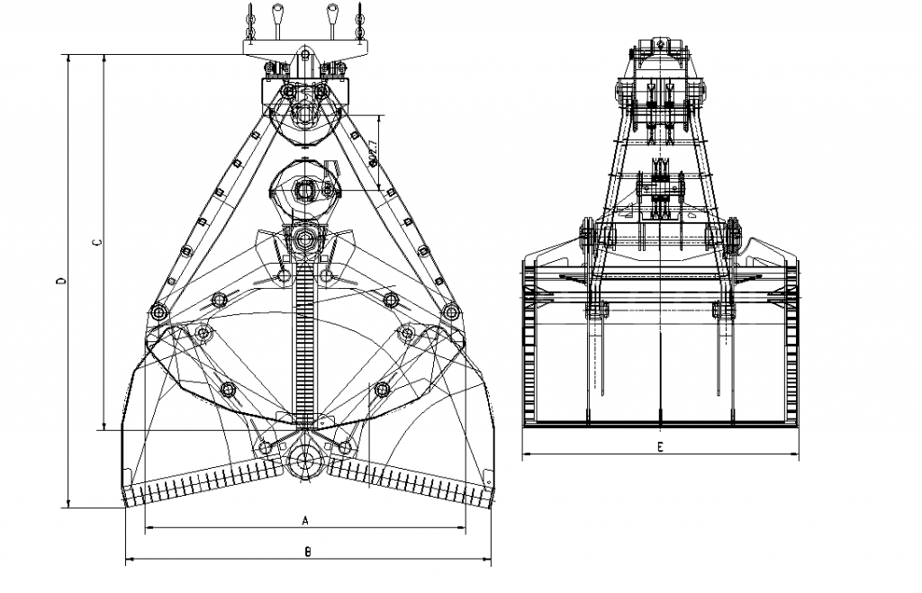 Mechanical four rope clamshell grabs bucket drawing