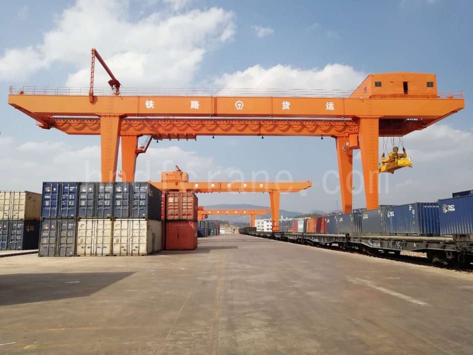 Rail container gantry cranes are used in railway cargo yards