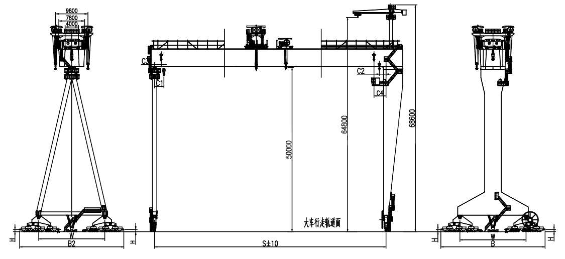 Double main beam upper and lower trolley type shipyard gantry crane