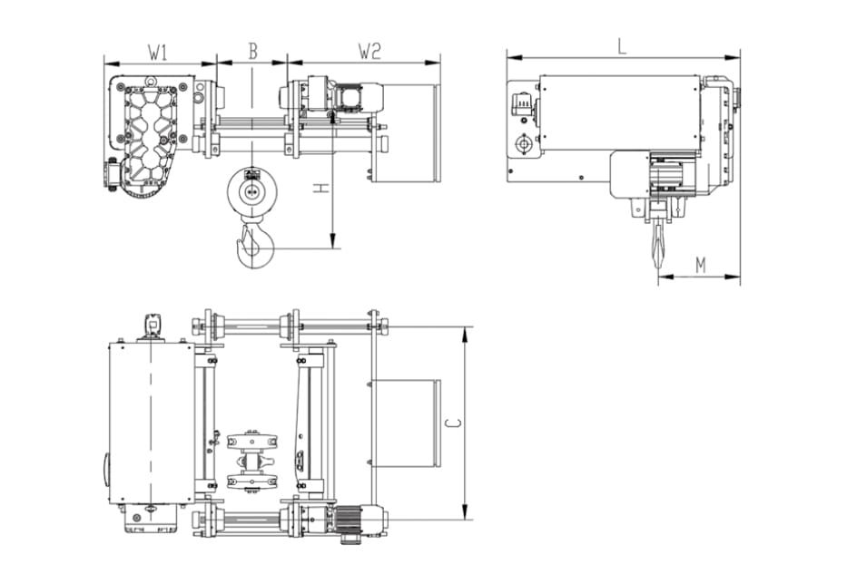 Disegno dimensionale del paranco elettrico europeo a bassa altezza