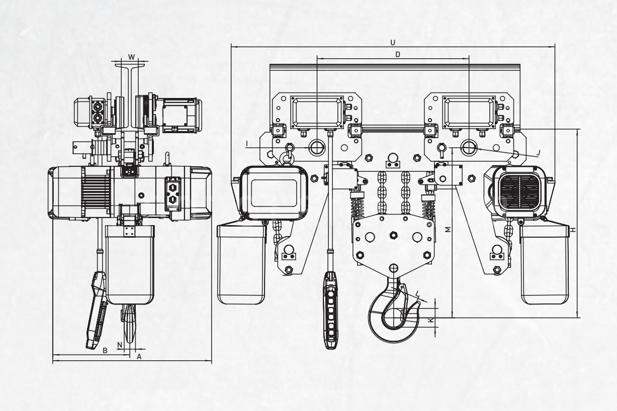 Low Headroom Chain Hoist Dimension Drawing