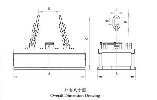 overall dimension drawing of electromagnetic spreader for lifting bundled rebars and profiled steel