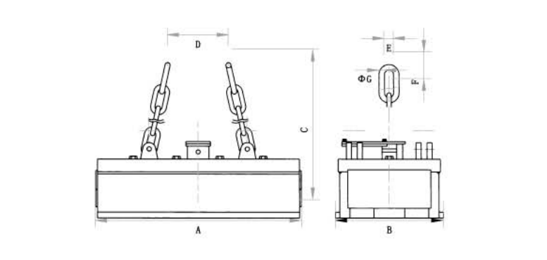 overall dimension drawing of electromagnetic spreader for lifting heavy rails and profiled steel